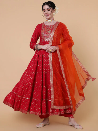 Rayon Ankle Length Flared 3/4 Sleeve Printed Round Neck Kurta Dupatta Set