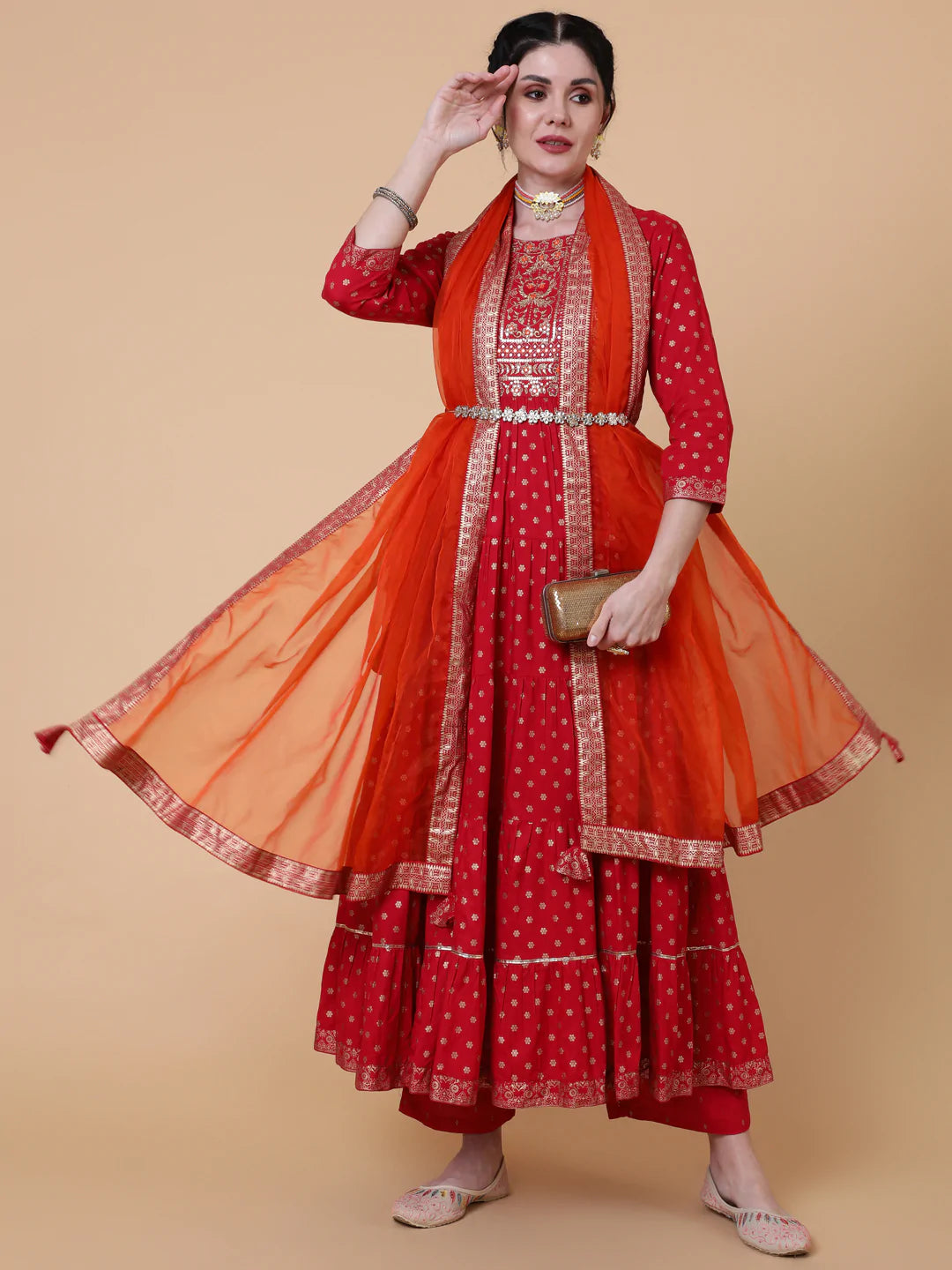 Rayon Ankle Length Flared 3/4 Sleeve Printed Round Neck Kurta Dupatta Set