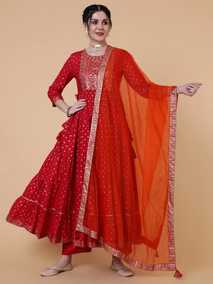 Rayon Ankle Length Flared 3/4 Sleeve Printed Round Neck Kurta Dupatta Set