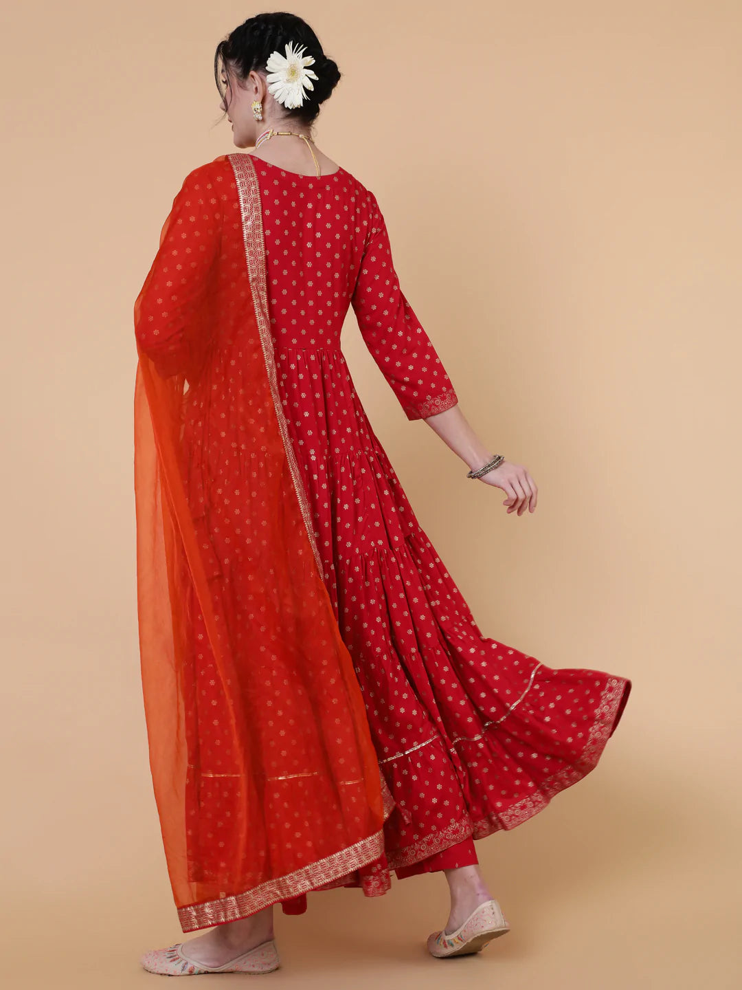 Rayon Ankle Length Flared 3/4 Sleeve Printed Round Neck Kurta Dupatta Set