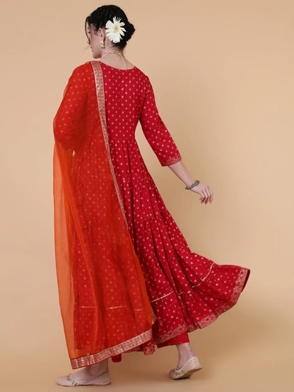 Rayon Ankle Length Flared 3/4 Sleeve Printed Round Neck Kurta Dupatta Set