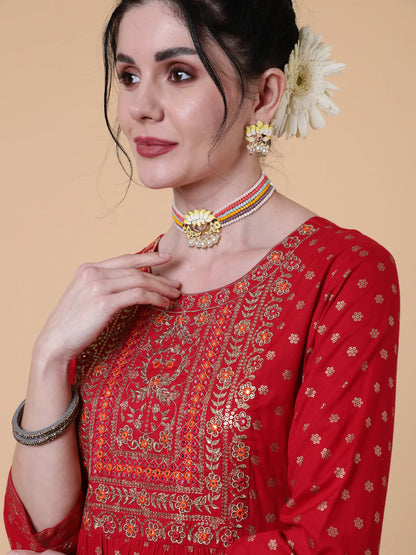 Rayon Ankle Length Flared 3/4 Sleeve Printed Round Neck Kurta Dupatta Set