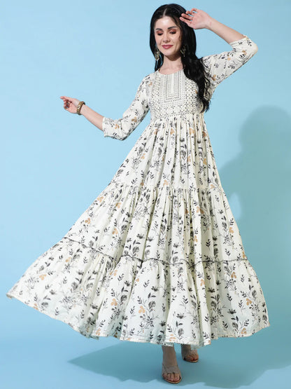 Rayon Ankle Length Flared 3/4 Sleeve Printed Round Neck Kurta