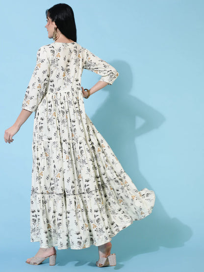 Rayon Ankle Length Flared 3/4 Sleeve Printed Round Neck Kurta