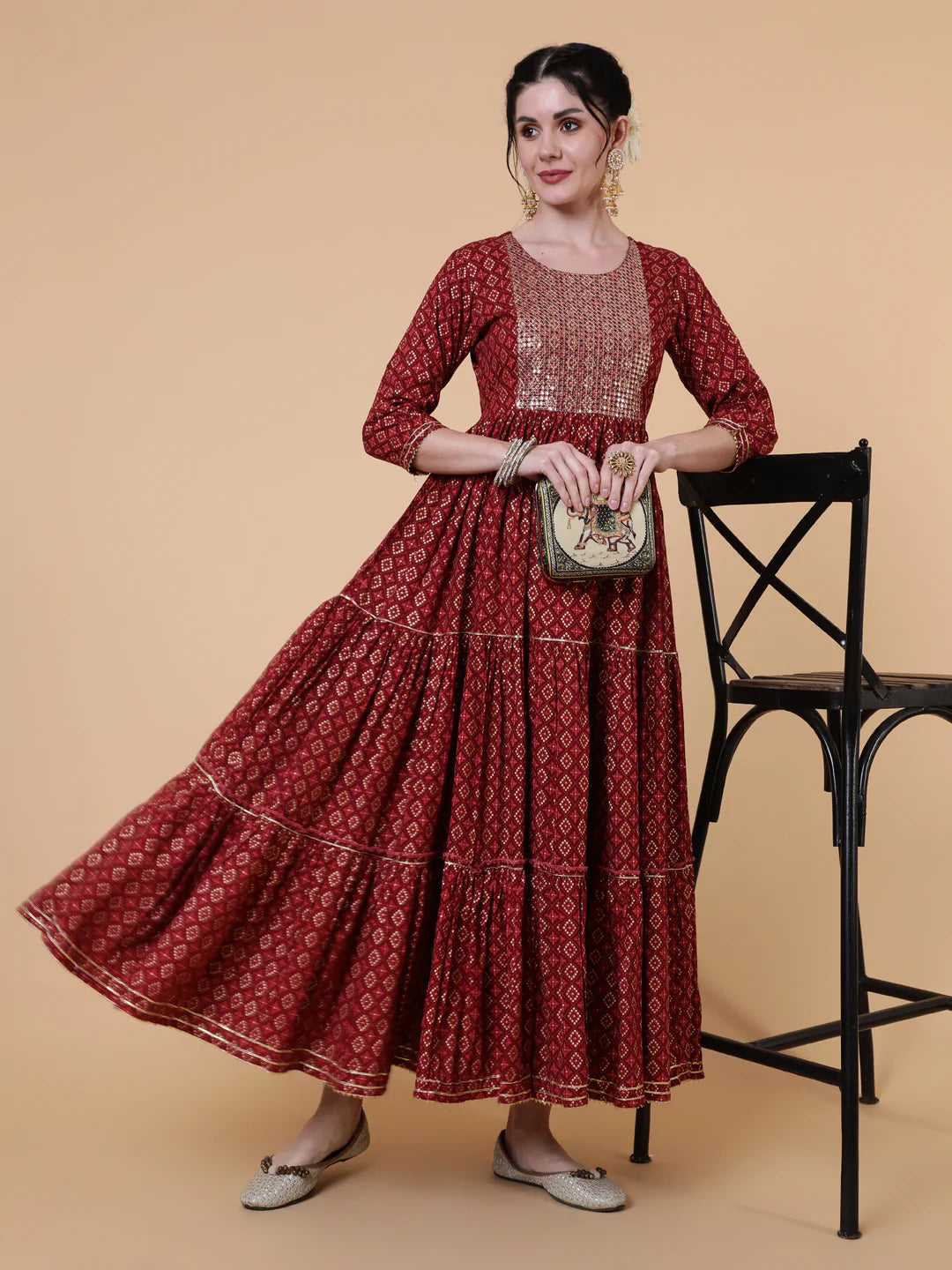 Rayon Ankle Length Flared 3/4 Sleeve Printed Round Neck Kurta