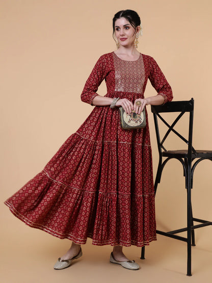 Rayon Ankle Length Flared 3/4 Sleeve Printed Round Neck Kurta