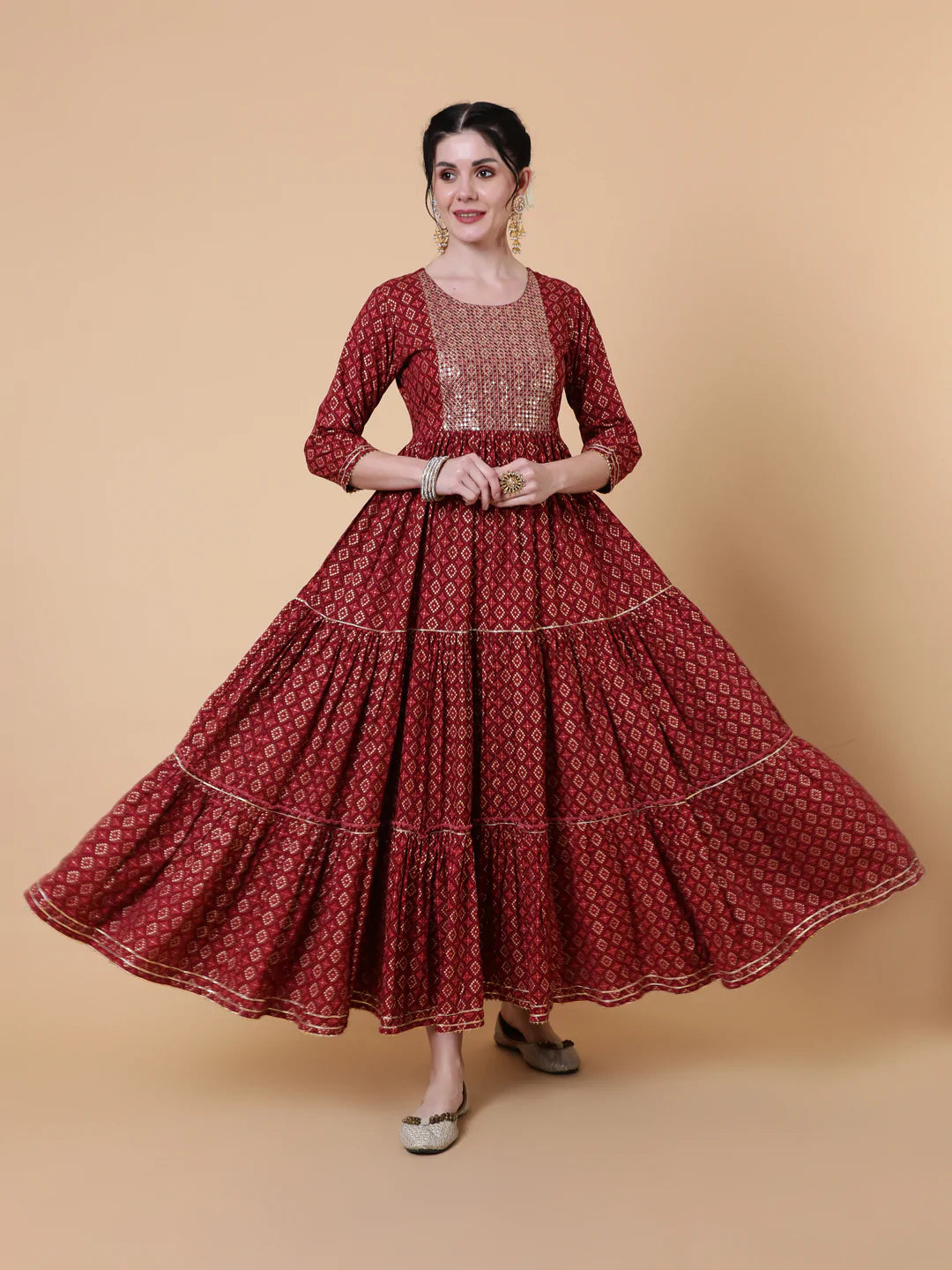 Rayon Ankle Length Flared 3/4 Sleeve Printed Round Neck Kurta