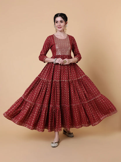 Rayon Ankle Length Flared 3/4 Sleeve Printed Round Neck Kurta