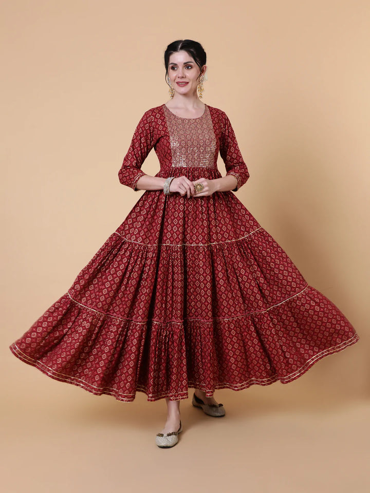 Rayon Ankle Length Flared 3/4 Sleeve Printed Round Neck Kurta