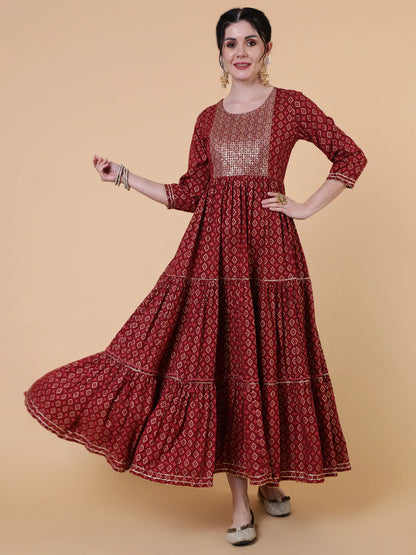 Rayon Ankle Length Flared 3/4 Sleeve Printed Round Neck Kurta
