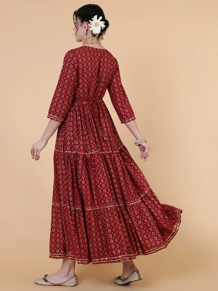 Rayon Ankle Length Flared 3/4 Sleeve Printed Round Neck Kurta