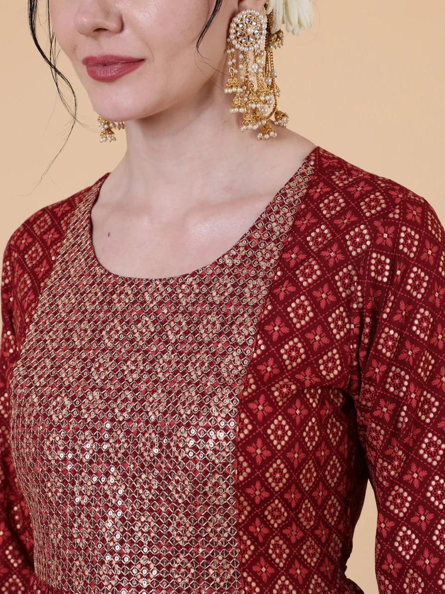 Rayon Ankle Length Flared 3/4 Sleeve Printed Round Neck Kurta