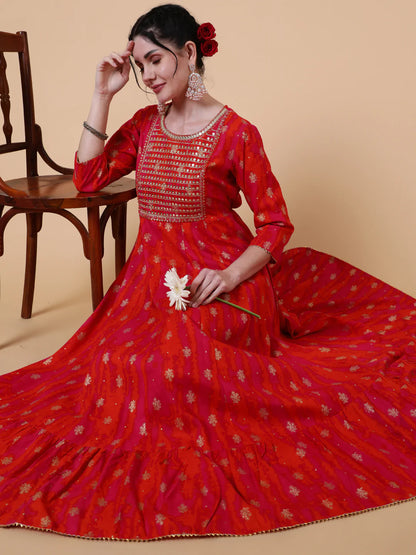 Rayon Ankle Length Flared 3/4 Sleeve Printed Round Neck Kurta