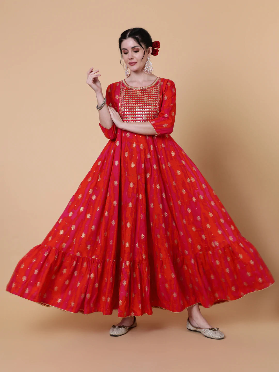 Rayon Ankle Length Flared 3/4 Sleeve Printed Round Neck Kurta