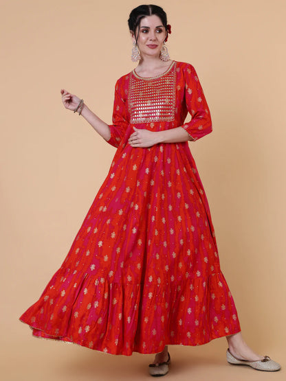 Rayon Ankle Length Flared 3/4 Sleeve Printed Round Neck Kurta
