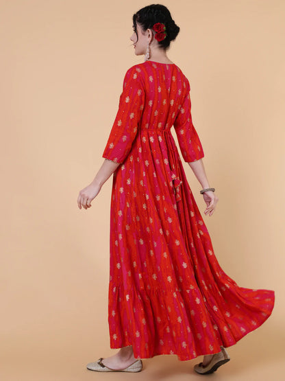 Rayon Ankle Length Flared 3/4 Sleeve Printed Round Neck Kurta
