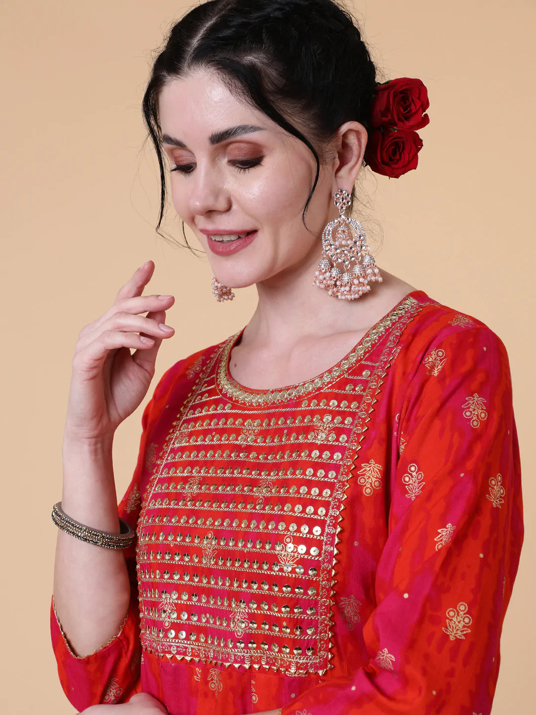 Rayon Ankle Length Flared 3/4 Sleeve Printed Round Neck Kurta
