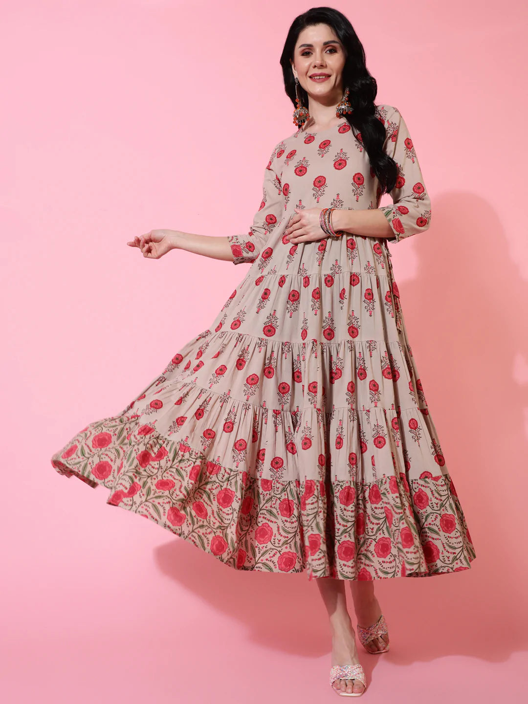 Cotton Calf Length Flared 3/4 Sleeve Printed Round Neck Kurta