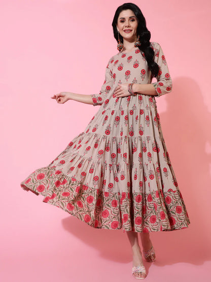 Cotton Calf Length Flared 3/4 Sleeve Printed Round Neck Kurta
