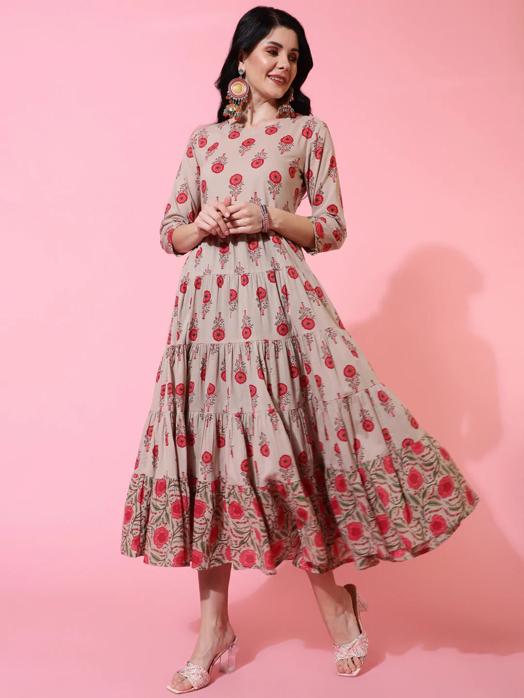 Cotton Calf Length Flared 3/4 Sleeve Printed Round Neck Kurta