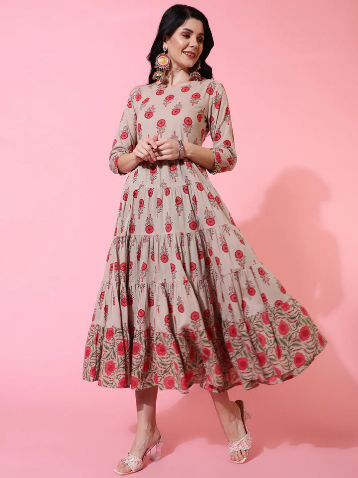 Cotton Calf Length Flared 3/4 Sleeve Printed Round Neck Kurta