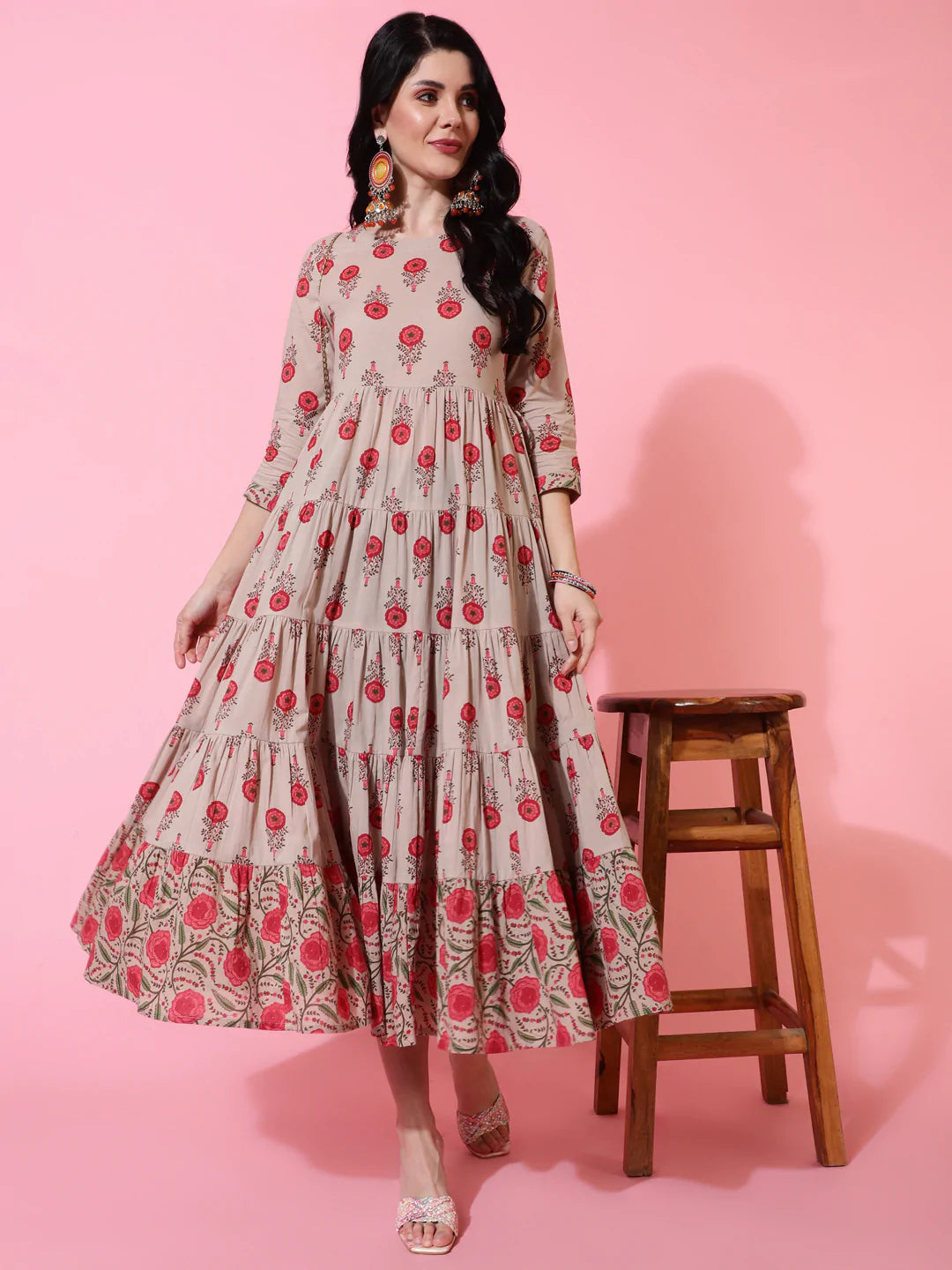 Cotton Calf Length Flared 3/4 Sleeve Printed Round Neck Kurta