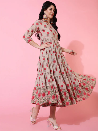 Cotton Calf Length Flared 3/4 Sleeve Printed Round Neck Kurta