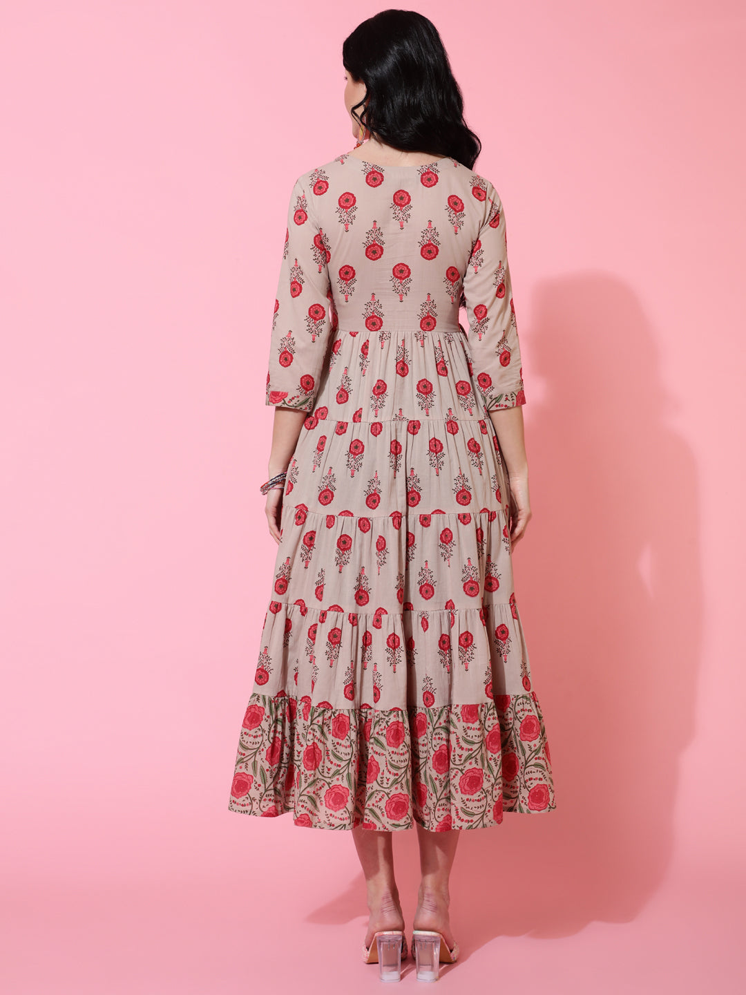 Cotton Calf Length Flared 3/4 Sleeve Printed Round Neck Kurta