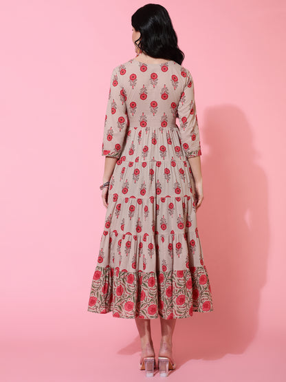 Cotton Calf Length Flared 3/4 Sleeve Printed Round Neck Kurta