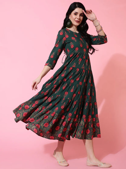 Cotton Calf Length Flared 3/4 Sleeve Printed Round Neck Kurta