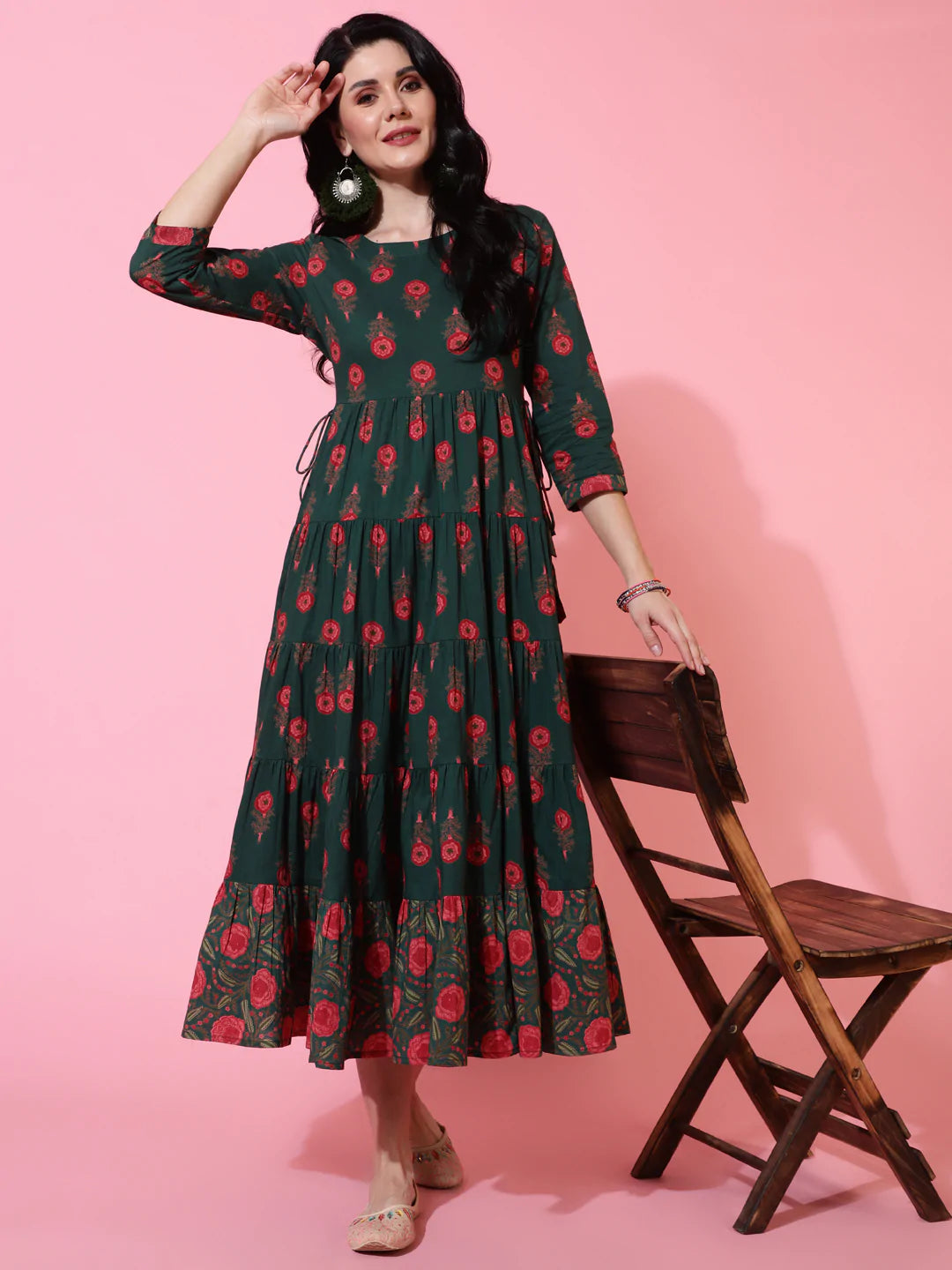 Cotton Calf Length Flared 3/4 Sleeve Printed Round Neck Kurta