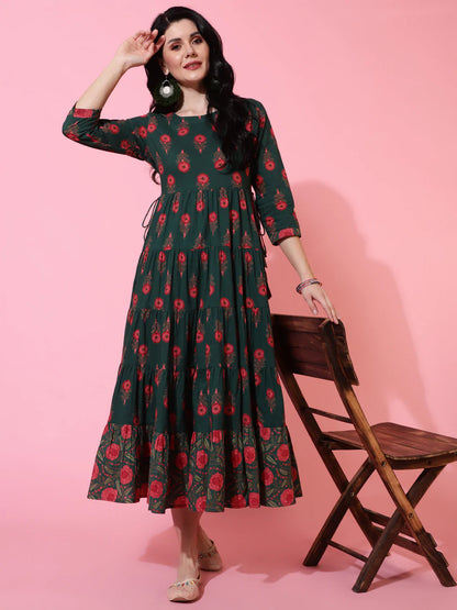 Cotton Calf Length Flared 3/4 Sleeve Printed Round Neck Kurta