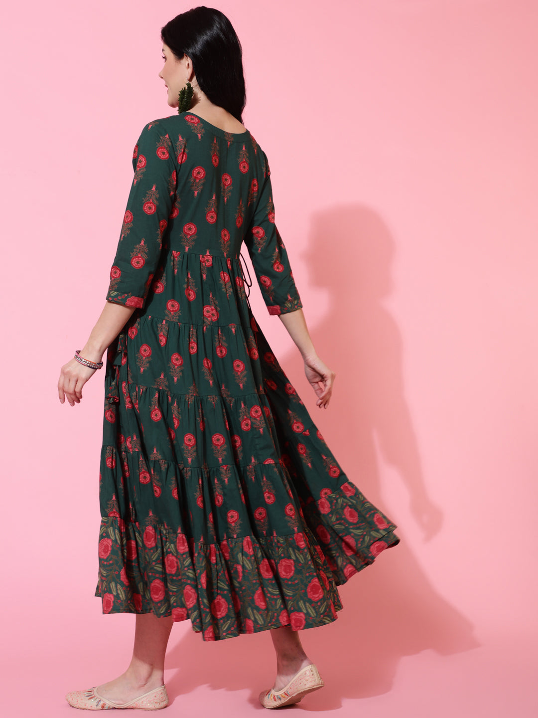 Cotton Calf Length Flared 3/4 Sleeve Printed Round Neck Kurta