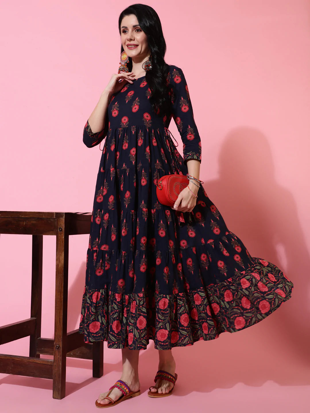 Cotton Calf Length Flared 3/4 Sleeve Printed Round Neck Kurta