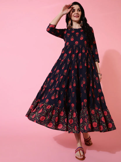 Cotton Calf Length Flared 3/4 Sleeve Printed Round Neck Kurta