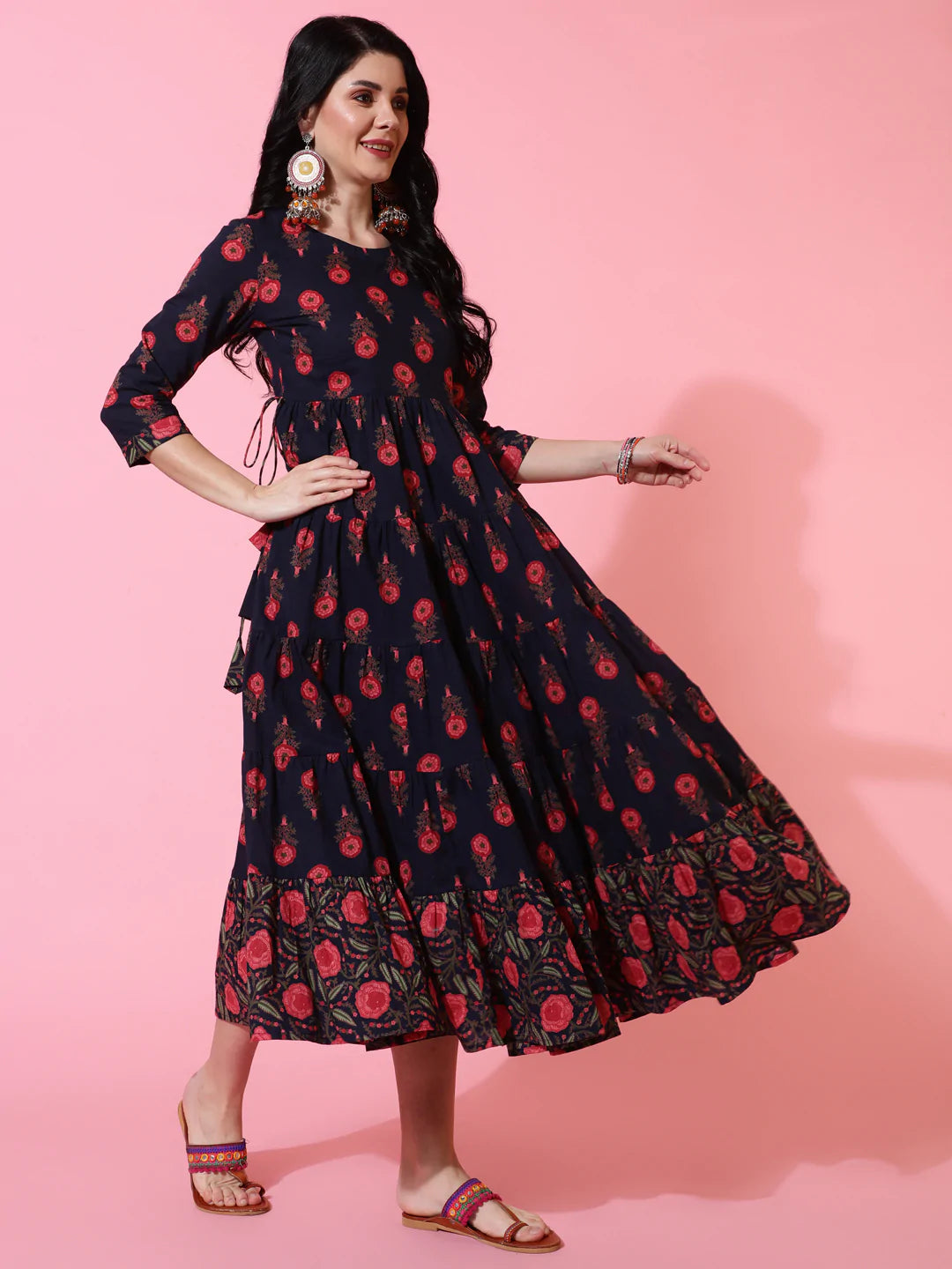 Cotton Calf Length Flared 3/4 Sleeve Printed Round Neck Kurta