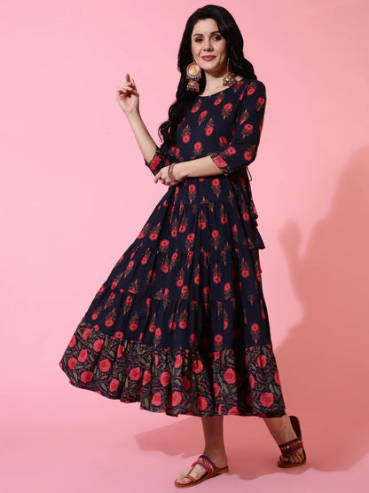 Cotton Calf Length Flared 3/4 Sleeve Printed Round Neck Kurta