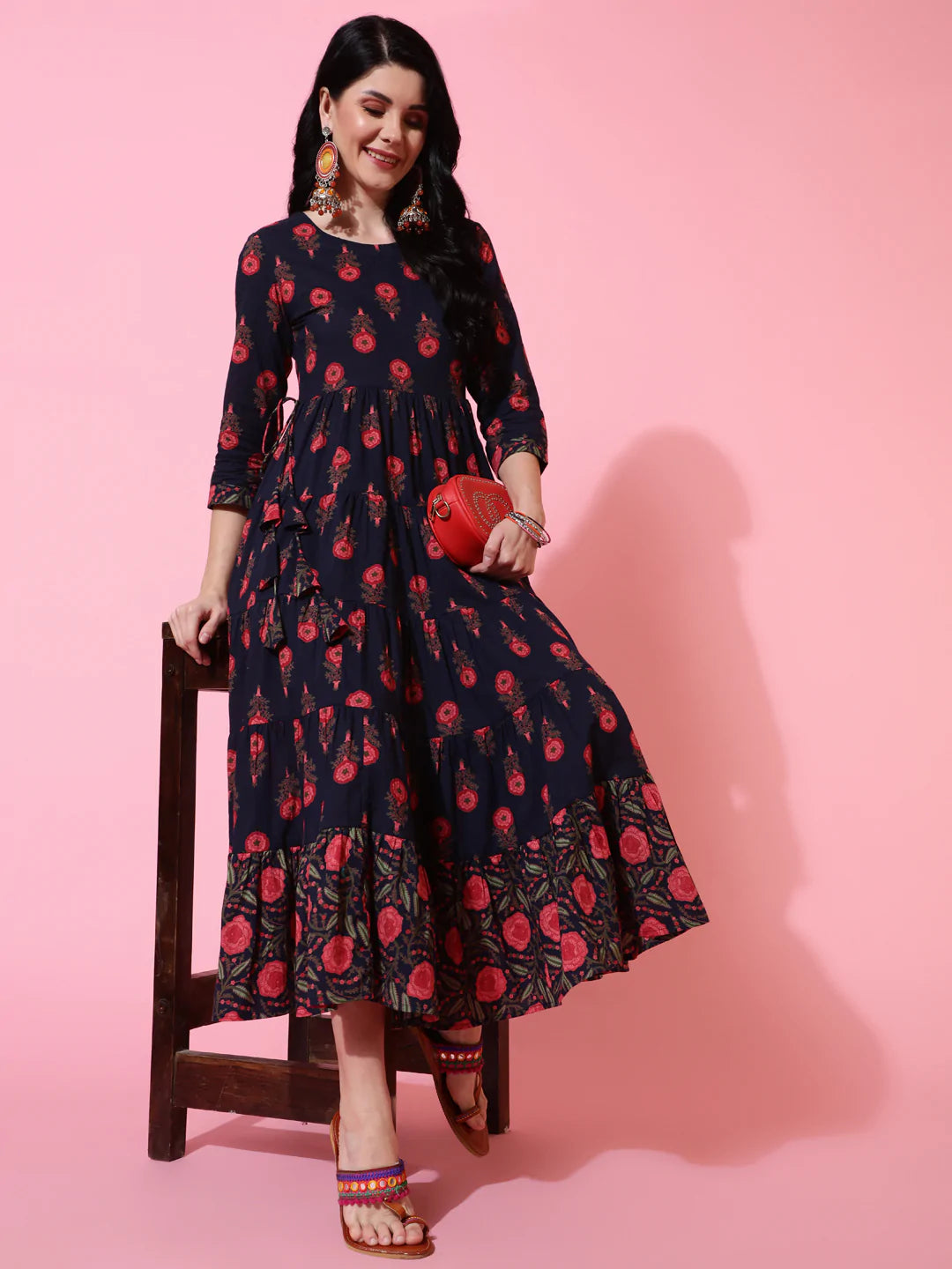 Cotton Calf Length Flared 3/4 Sleeve Printed Round Neck Kurta