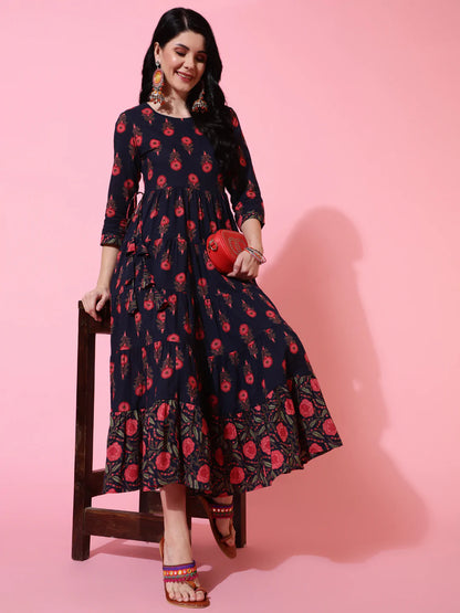 Cotton Calf Length Flared 3/4 Sleeve Printed Round Neck Kurta