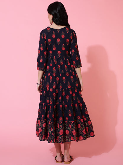 Cotton Calf Length Flared 3/4 Sleeve Printed Round Neck Kurta