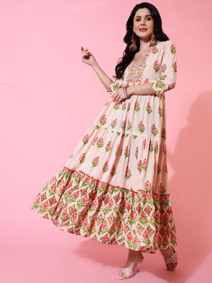 Rayon Calf Length Flared 3/4 Sleeve Printed Round Neck Kurta