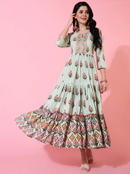 Rayon Calf Length Flared 3/4 Sleeve Printed Round Neck Kurta