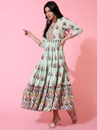 Rayon Calf Length Flared 3/4 Sleeve Printed Round Neck Kurta