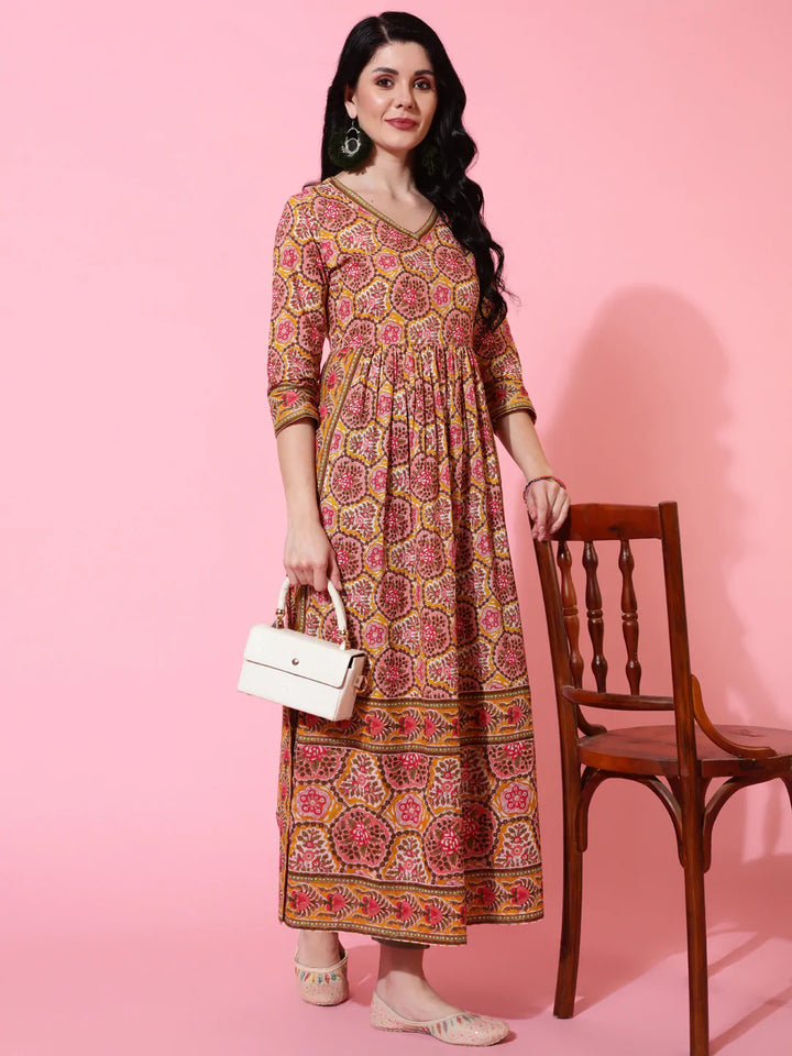 Cotton Calf Length Semi Flared 3/4 Sleeve Printed V-Neck Kurta