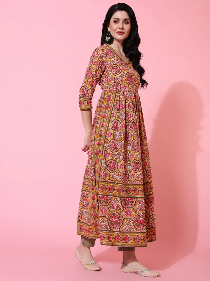 Cotton Calf Length Semi Flared 3/4 Sleeve Printed V-Neck Kurta