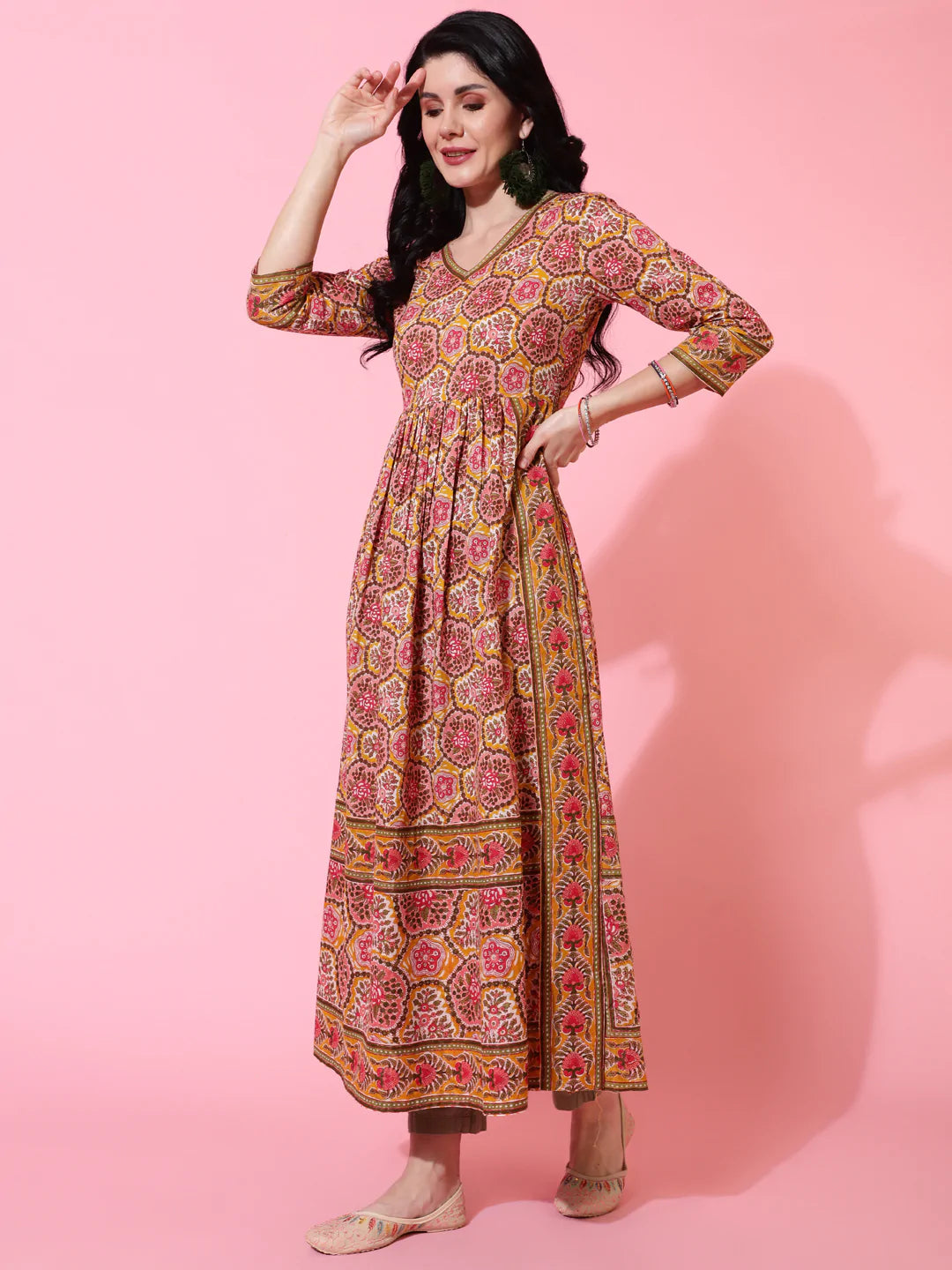 Cotton Calf Length Semi Flared 3/4 Sleeve Printed V-Neck Kurta