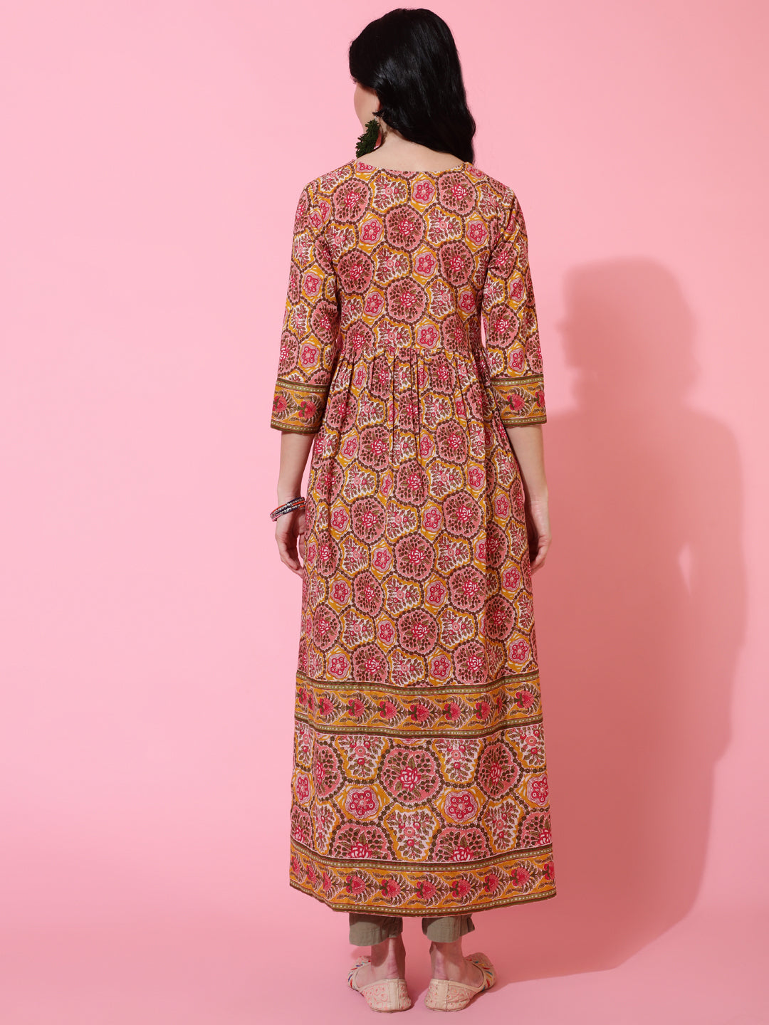 Cotton Calf Length Semi Flared 3/4 Sleeve Printed V-Neck Kurta