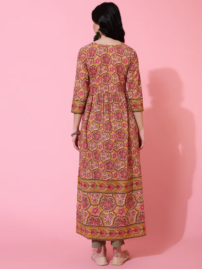 Cotton Calf Length Semi Flared 3/4 Sleeve Printed V-Neck Kurta