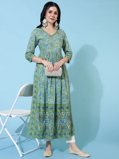 Cotton Calf Length Semi Flared 3/4 Sleeve Printed V-Neck Kurta