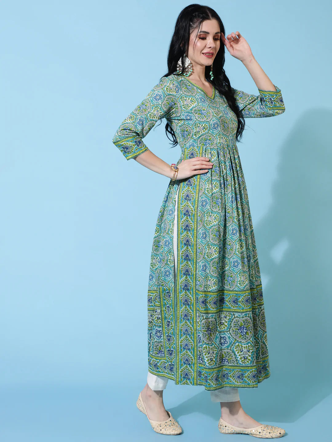 Cotton Calf Length Semi Flared 3/4 Sleeve Printed V-Neck Kurta